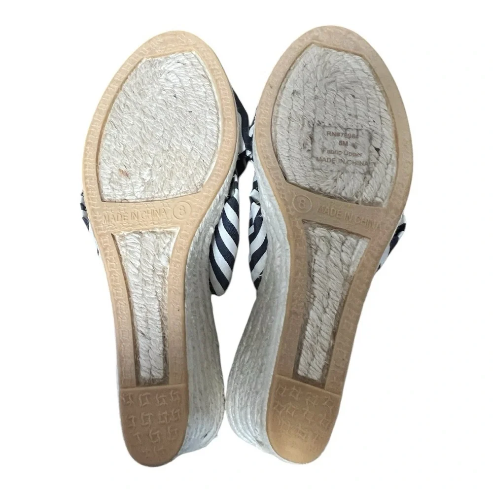 Chico’s Preppy Nautical Navy & Ivory Striped Bow Wedge Sandals NWOT Size…